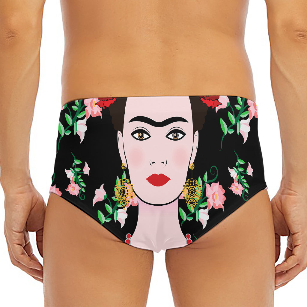 Frida Kahlo And Pink Flower Print Men's Triangle Swim Briefs