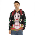 Frida Kahlo And Pink Flower Print Men's Velvet Pullover Hoodie