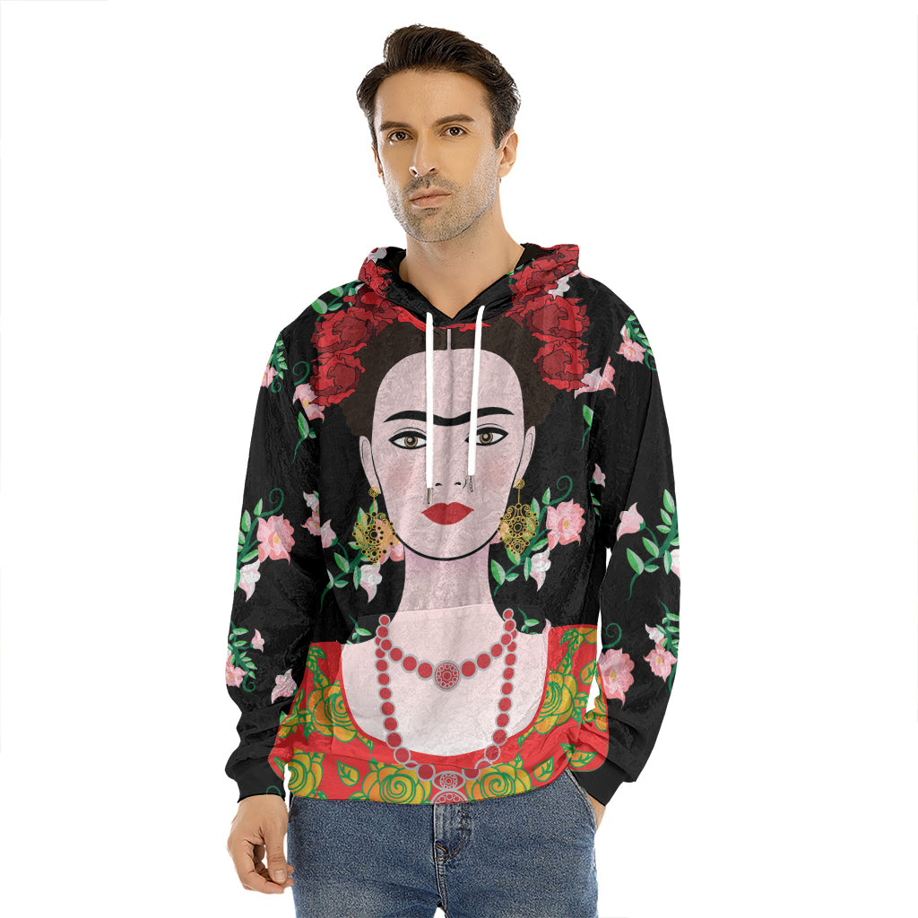 Frida Kahlo And Pink Flower Print Men's Velvet Pullover Hoodie
