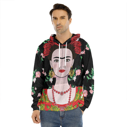 Frida Kahlo And Pink Flower Print Men's Velvet Pullover Hoodie