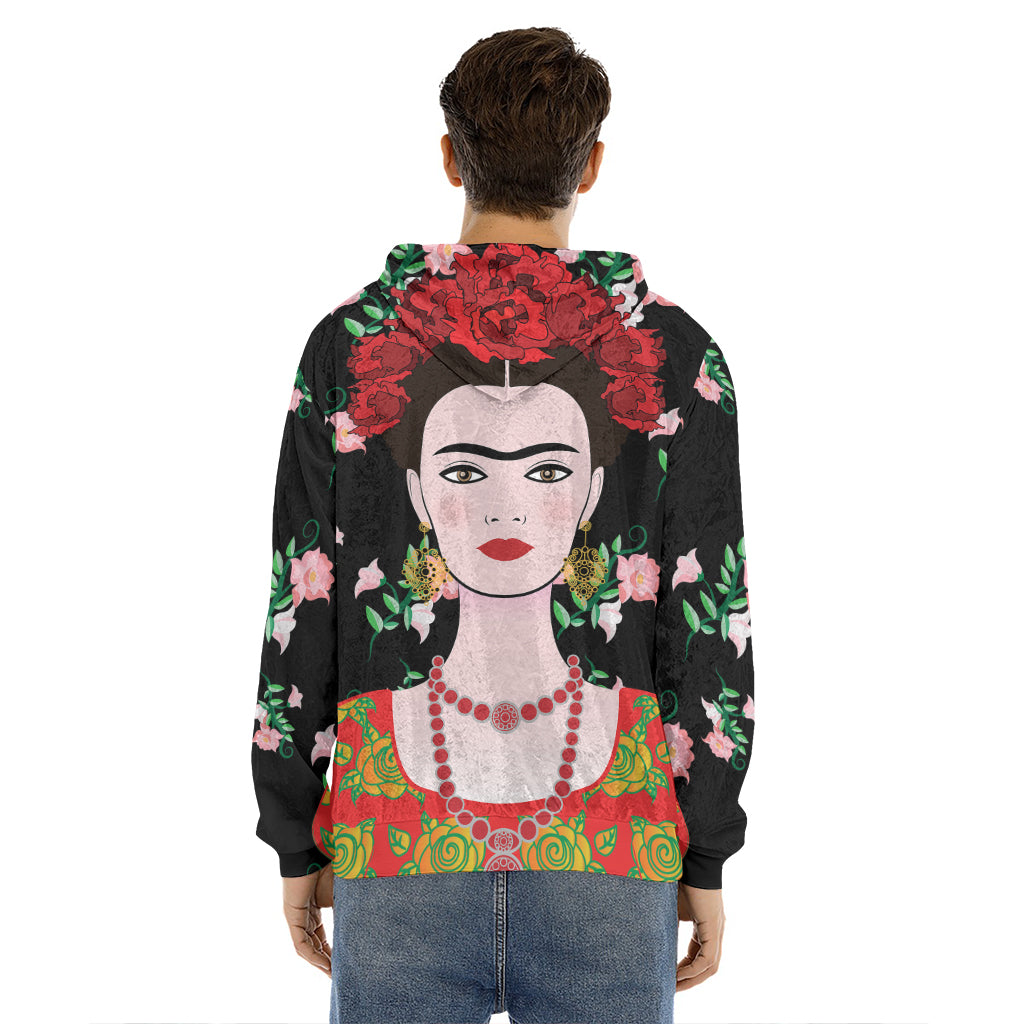 Frida Kahlo And Pink Flower Print Men's Velvet Pullover Hoodie