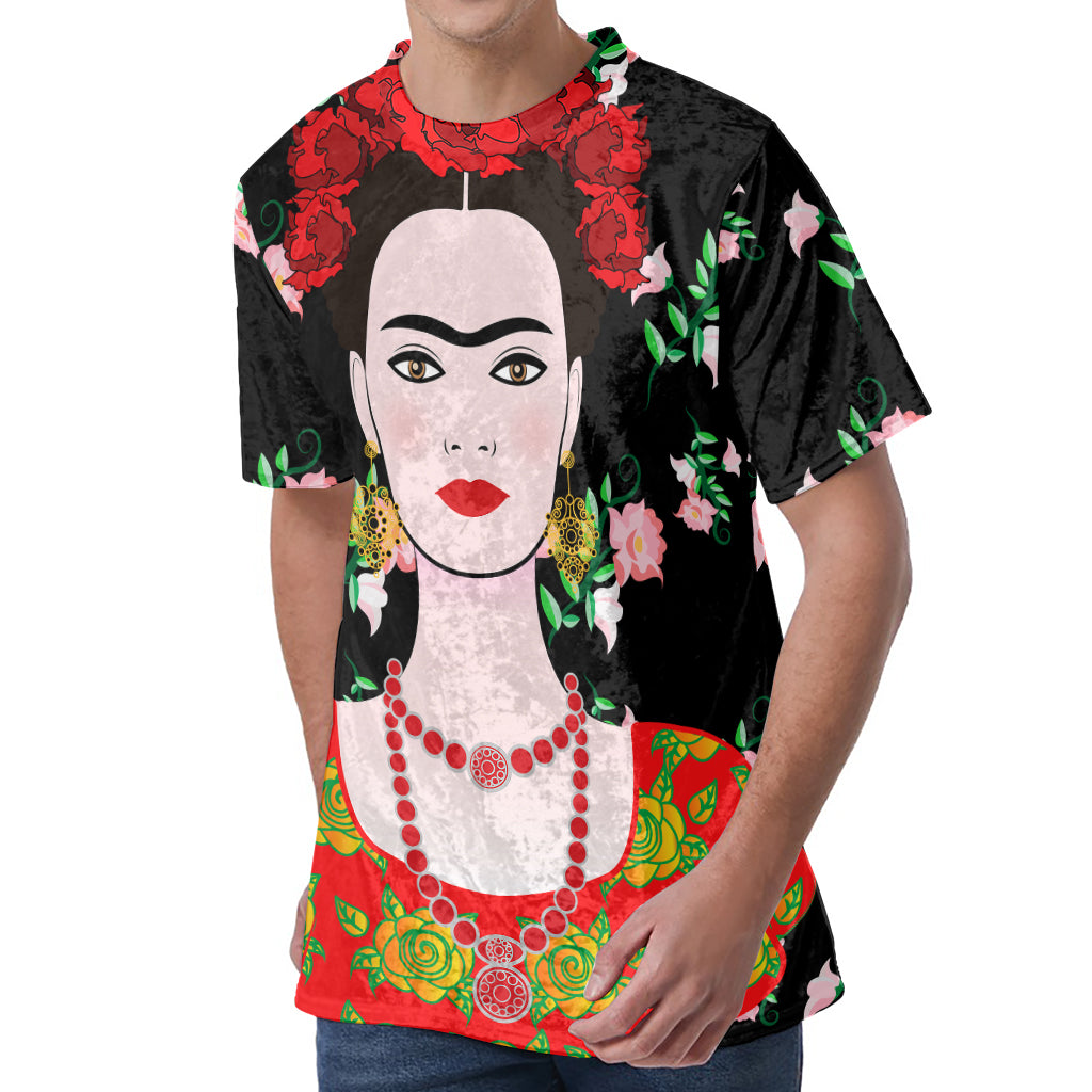 Frida Kahlo And Pink Flower Print Men's Velvet T-Shirt