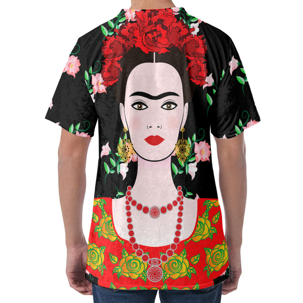 Frida Kahlo And Pink Flower Print Men's Velvet T-Shirt