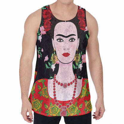 Frida Kahlo And Pink Flower Print Men's Velvet Tank Top