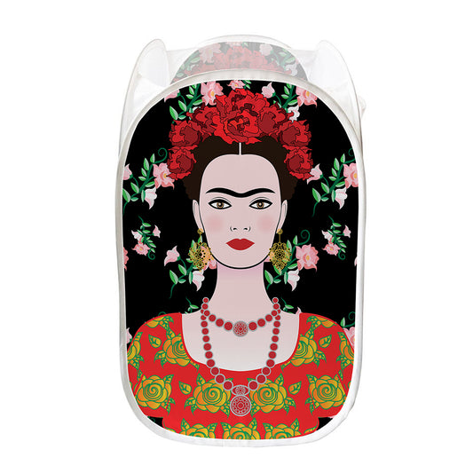 Frida Kahlo And Pink Flower Print Mesh Laundry Hamper