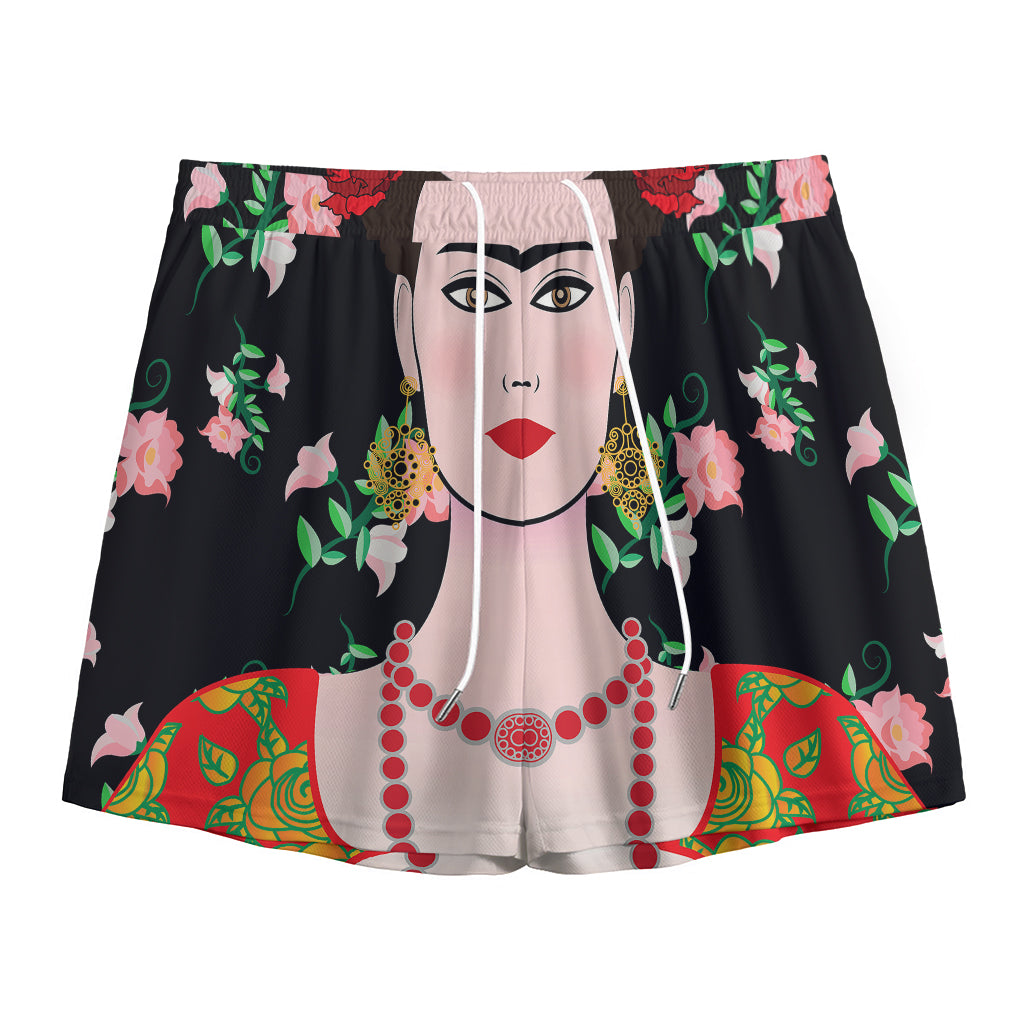 Frida Kahlo And Pink Flower Print Mesh Shorts