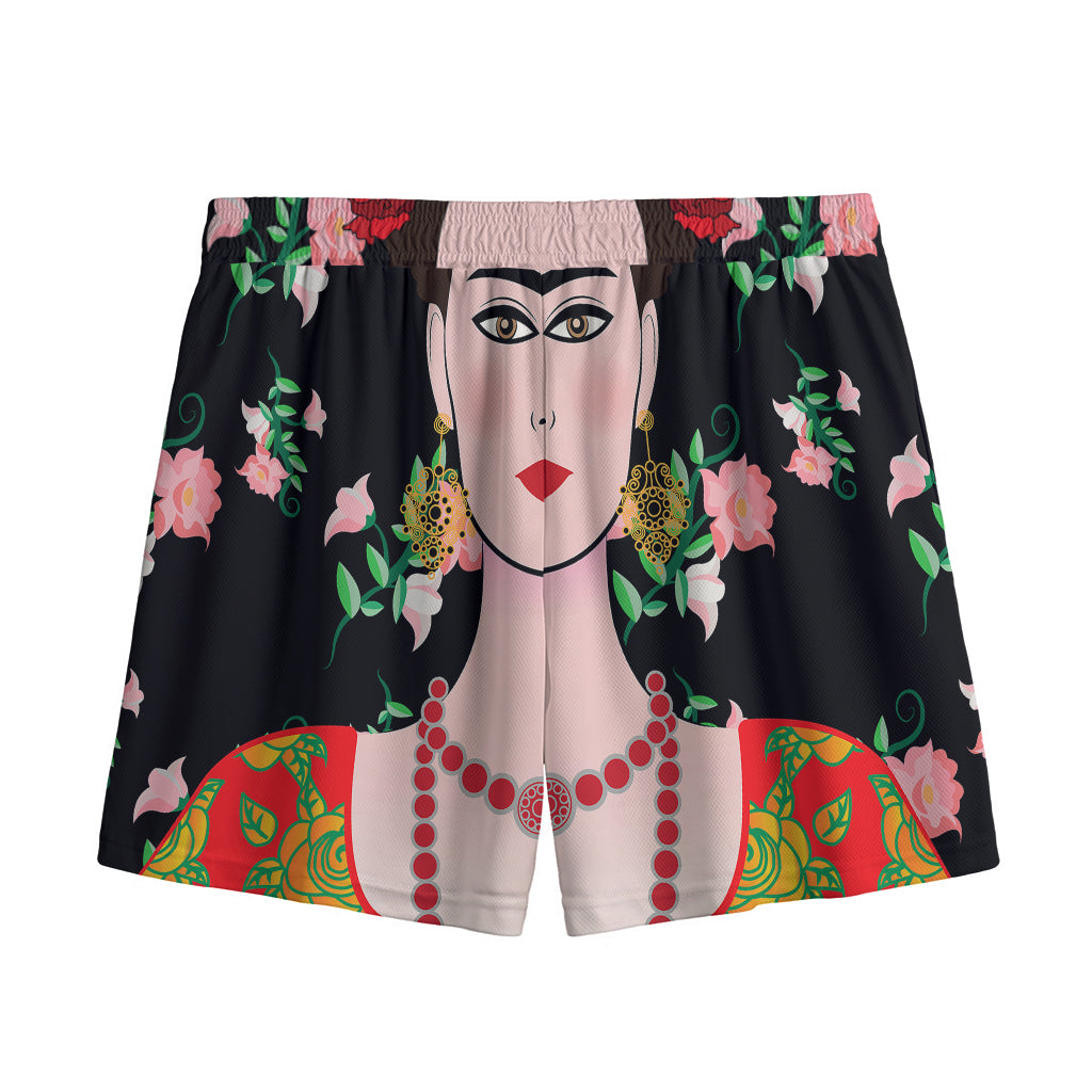 Frida Kahlo And Pink Flower Print Mesh Shorts