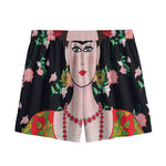 Frida Kahlo And Pink Flower Print Mesh Shorts