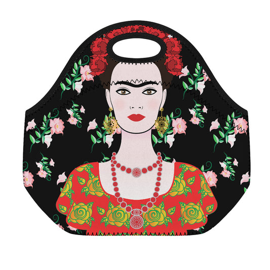 Frida Kahlo And Pink Flower Print Neoprene Lunch Bag