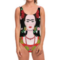 Frida Kahlo And Pink Flower Print One Piece Swimsuit