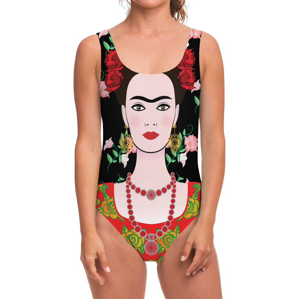 Frida Kahlo And Pink Flower Print One Piece Swimsuit