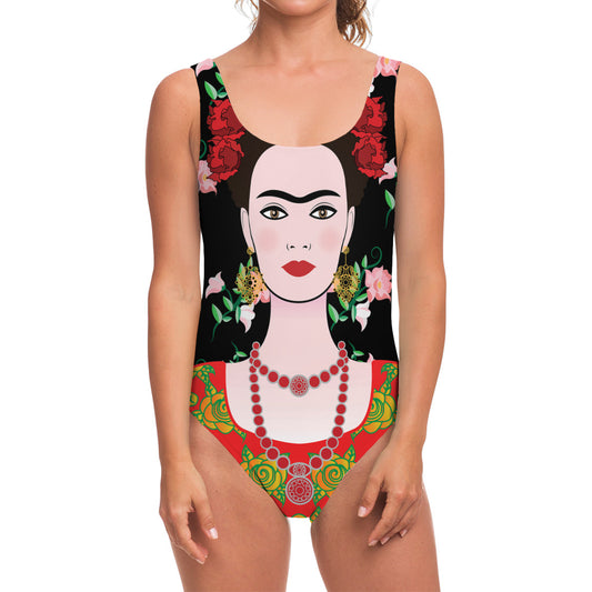Frida Kahlo And Pink Flower Print One Piece Swimsuit