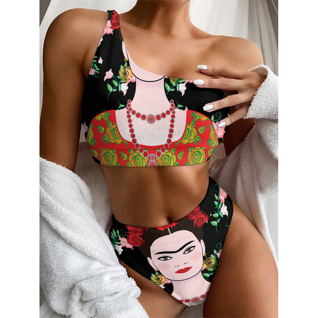Frida Kahlo And Pink Flower Print One Shoulder Bikini Top
