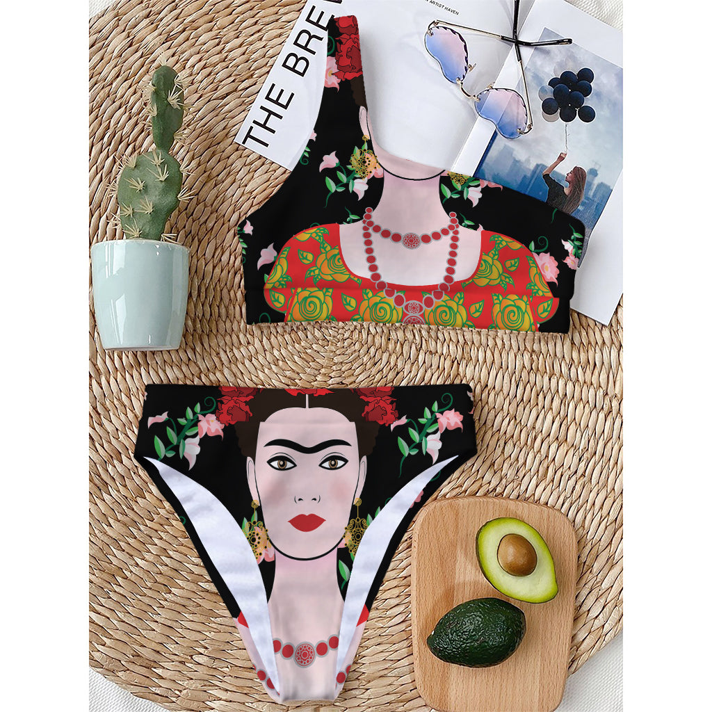 Frida Kahlo And Pink Flower Print One Shoulder Bikini Top