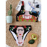 Frida Kahlo And Pink Flower Print One Shoulder Bikini Top