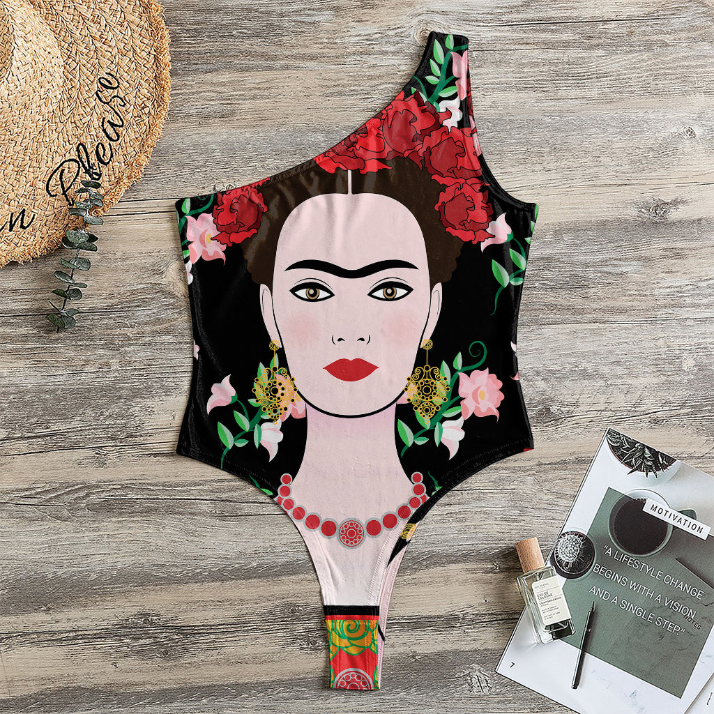 Frida Kahlo And Pink Flower Print One Shoulder Bodysuit