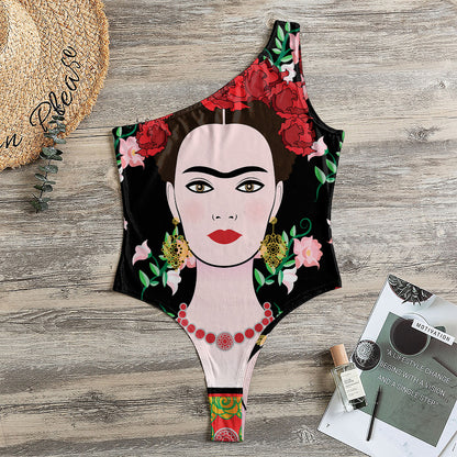 Frida Kahlo And Pink Flower Print One Shoulder Bodysuit