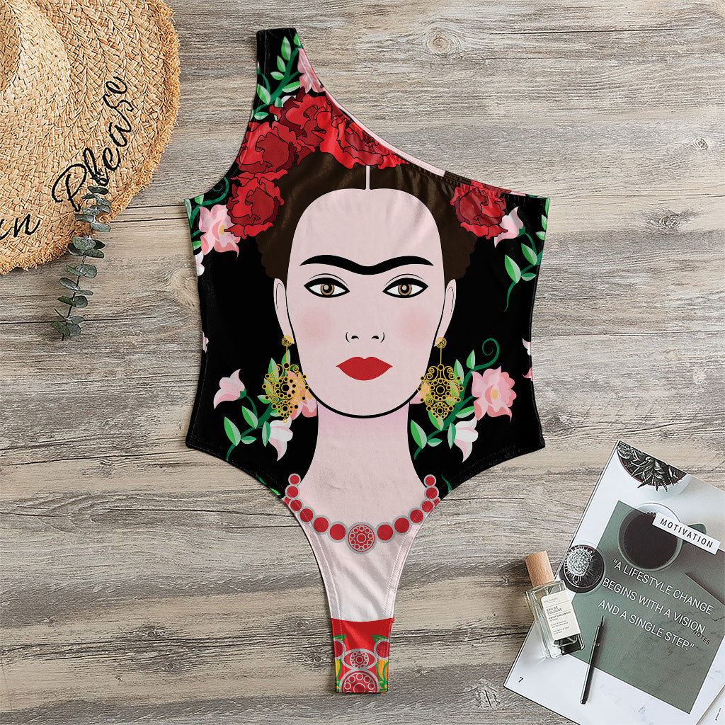 Frida Kahlo And Pink Flower Print One Shoulder Bodysuit