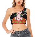 Frida Kahlo And Pink Flower Print One Shoulder Crop Top