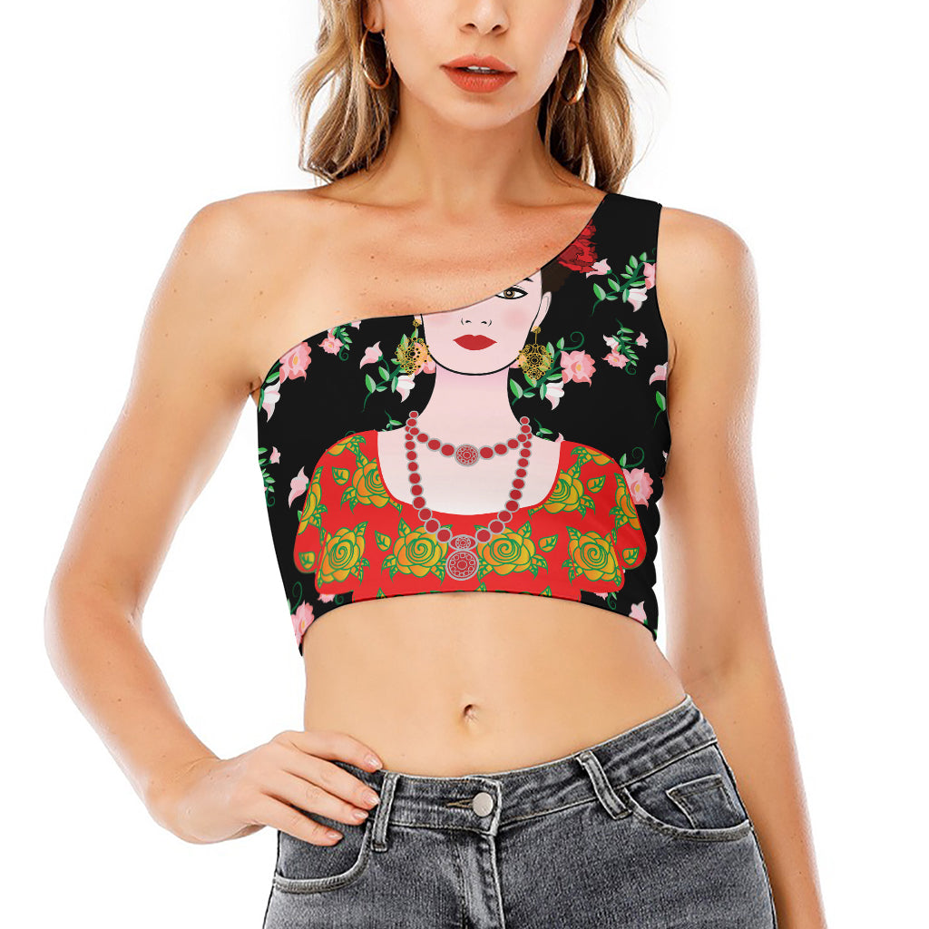 Frida Kahlo And Pink Flower Print One Shoulder Crop Top