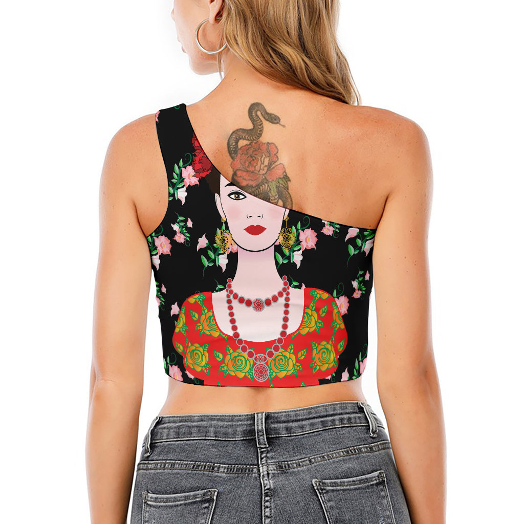Frida Kahlo And Pink Flower Print One Shoulder Crop Top
