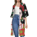 Frida Kahlo And Pink Flower Print Open Front Beach Cover Up