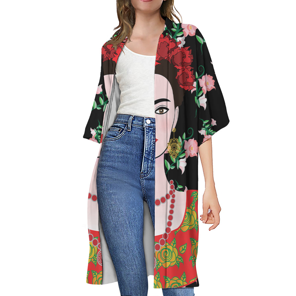 Frida Kahlo And Pink Flower Print Open Front Beach Cover Up