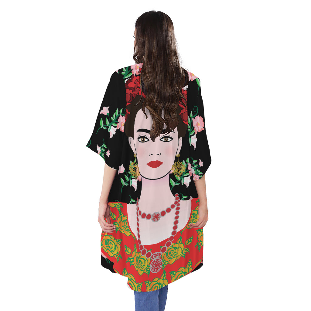 Frida Kahlo And Pink Flower Print Open Front Beach Cover Up