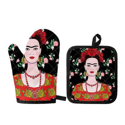 Frida Kahlo And Pink Flower Print Oven Mitt And Pot Holder Set