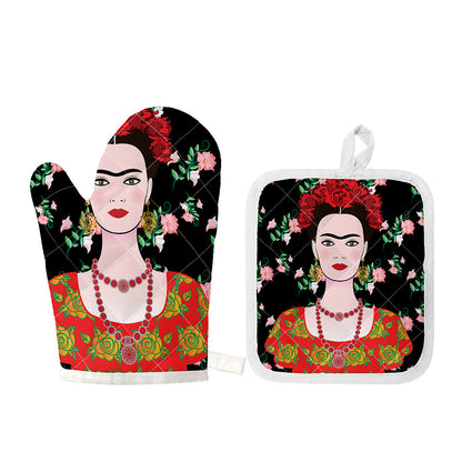 Frida Kahlo And Pink Flower Print Oven Mitt And Pot Holder Set