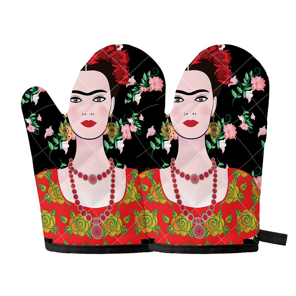 Frida Kahlo And Pink Flower Print Oven Mitts