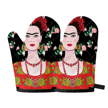 Frida Kahlo And Pink Flower Print Oven Mitts