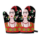 Frida Kahlo And Pink Flower Print Oven Mitts