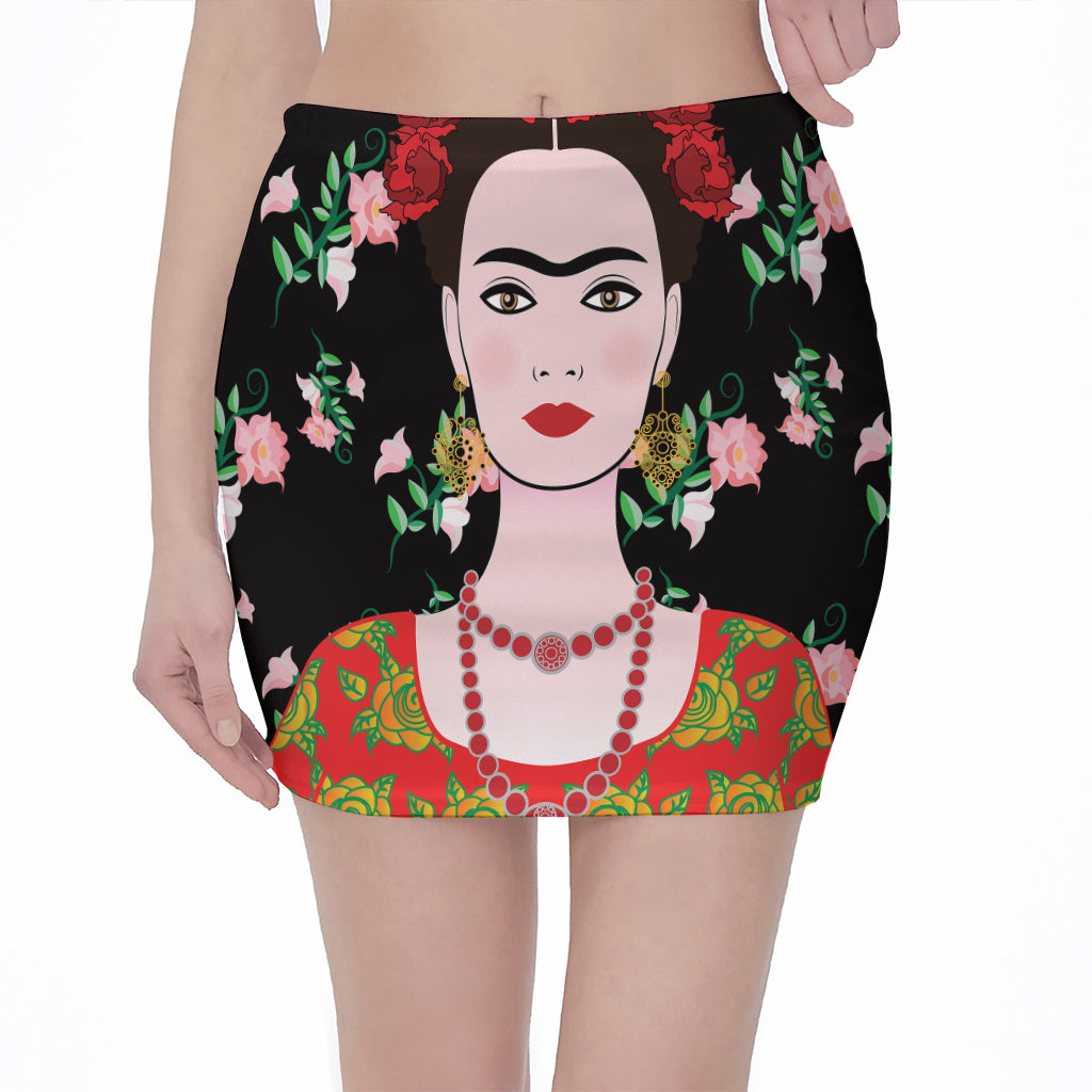 Frida Kahlo And Pink Flower Print Pencil Mini Skirt