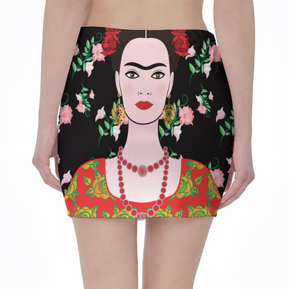 Frida Kahlo And Pink Flower Print Pencil Mini Skirt