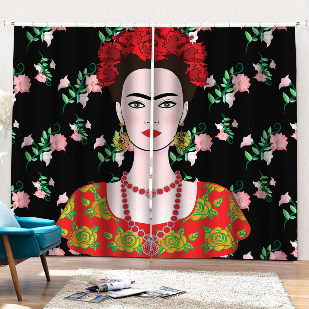 Frida Kahlo And Pink Flower Print Pencil Pleat Curtains