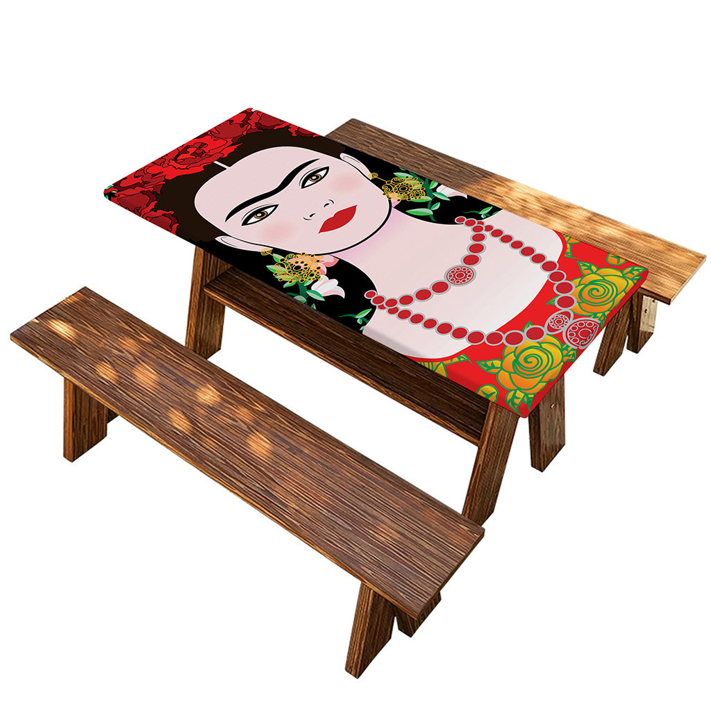 Frida Kahlo And Pink Flower Print Picnic Table Cover