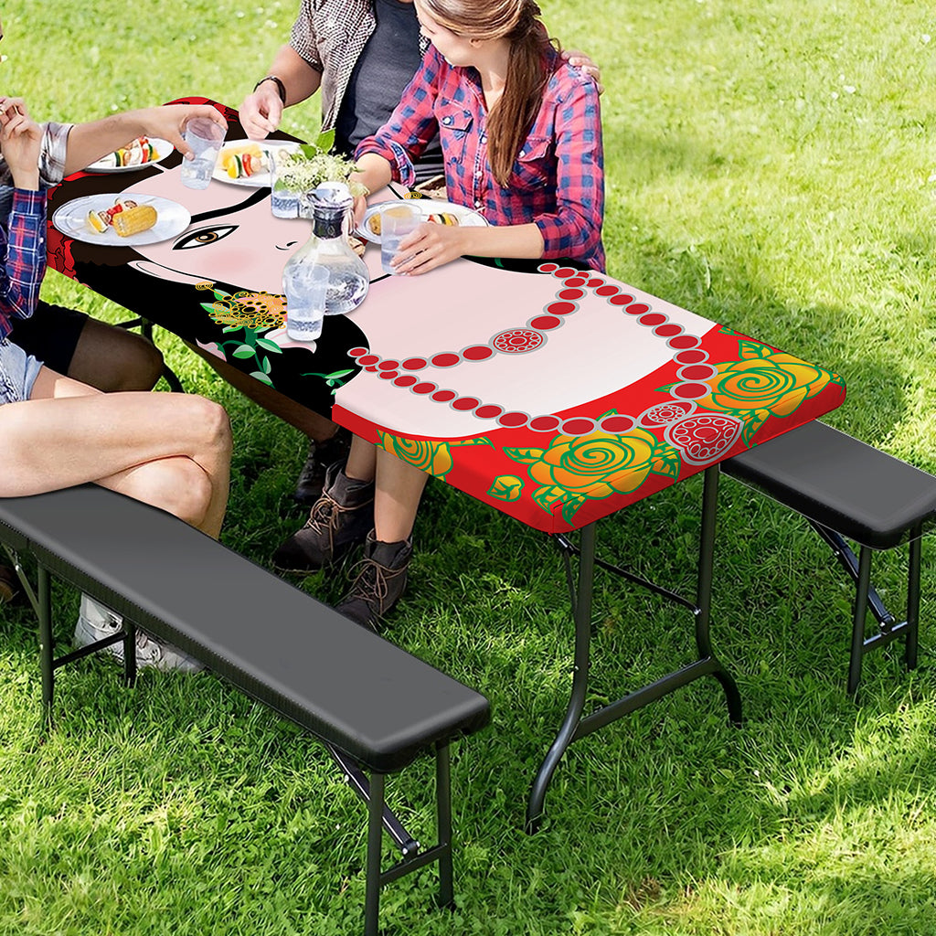 Frida Kahlo And Pink Flower Print Picnic Table Cover