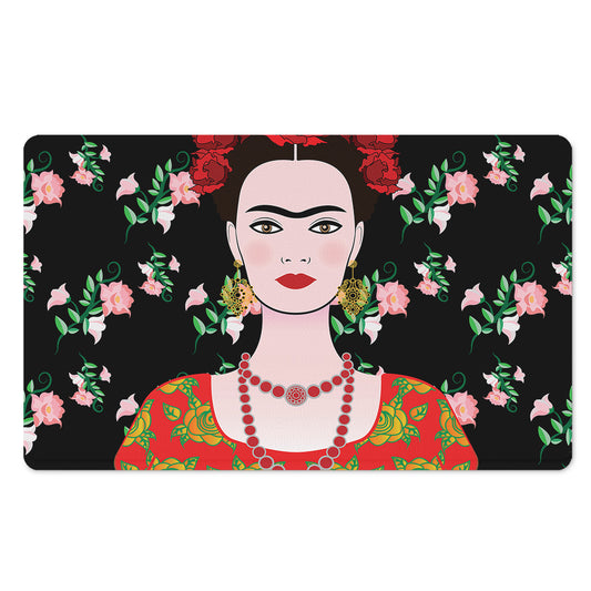 Frida Kahlo And Pink Flower Print Polyester Doormat