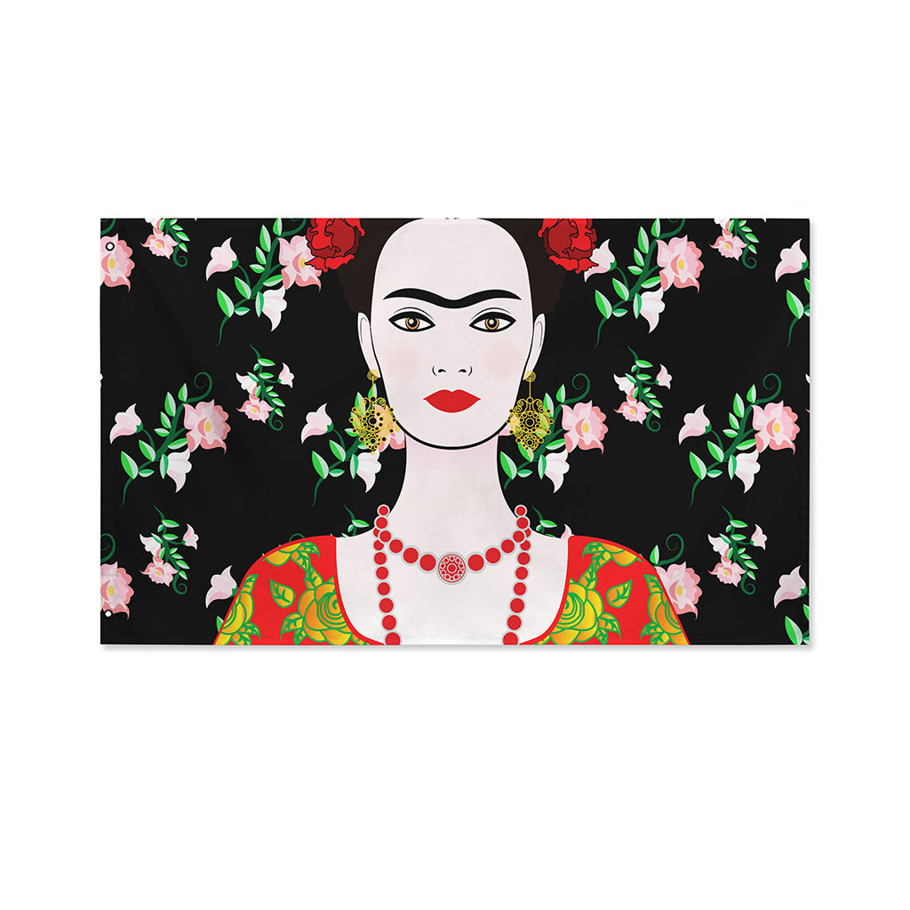 Frida Kahlo And Pink Flower Print Polyester Flag