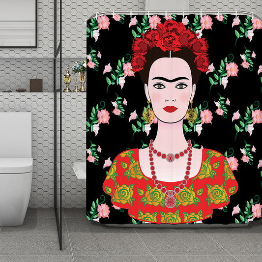 Frida Kahlo And Pink Flower Print Polyester Shower Curtain