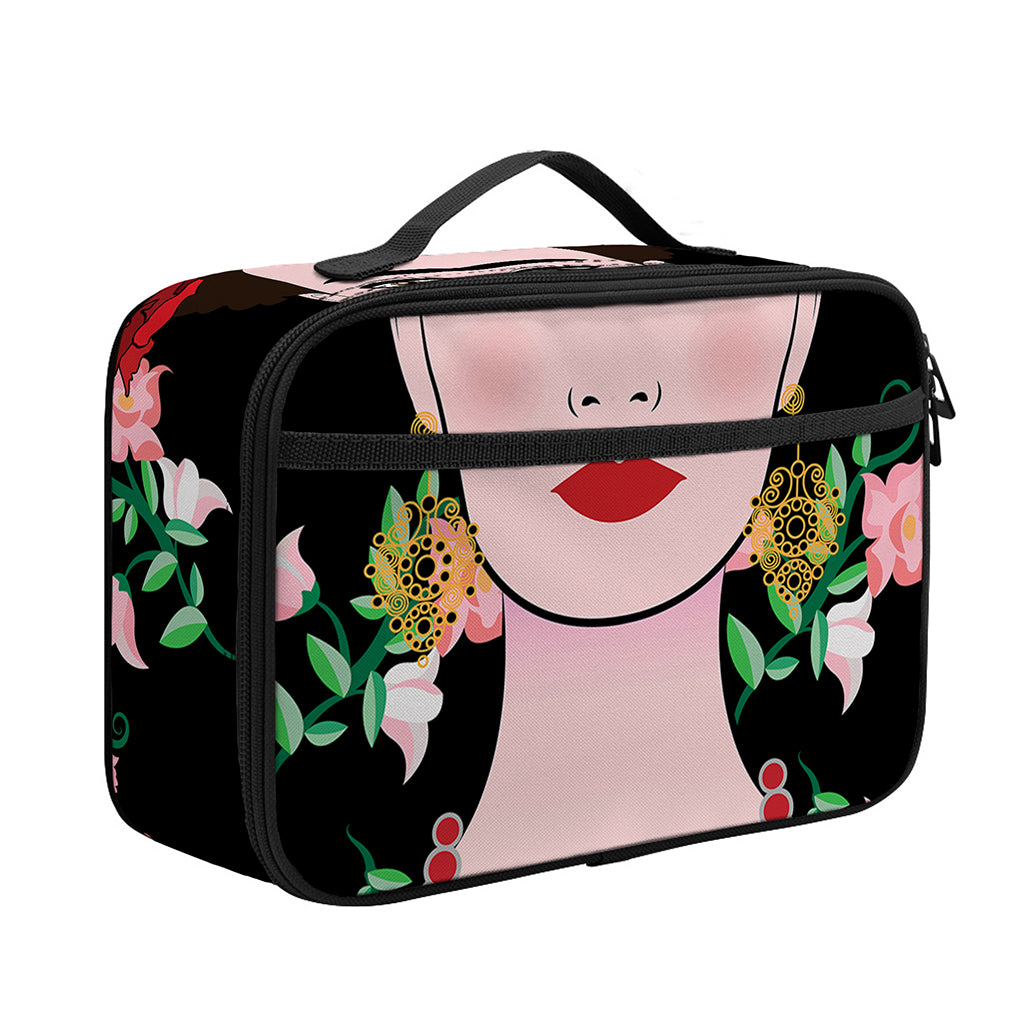 Frida Kahlo And Pink Flower Print Portable Lunch Bag