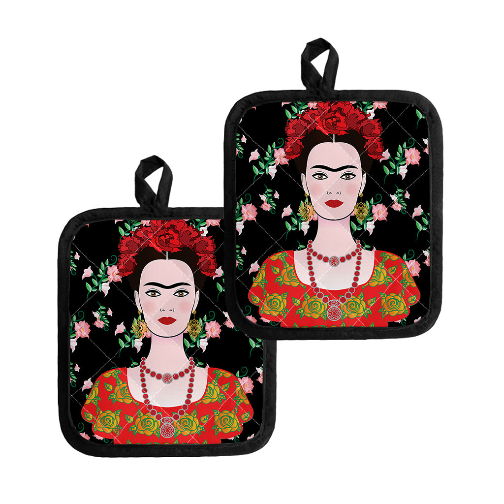 Frida Kahlo And Pink Flower Print Pot Holders