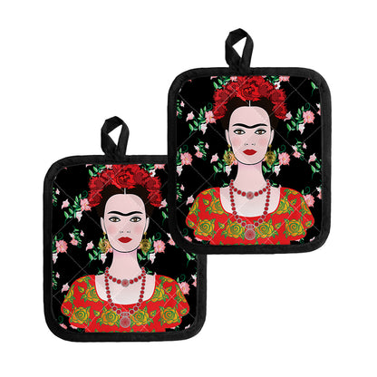 Frida Kahlo And Pink Flower Print Pot Holders