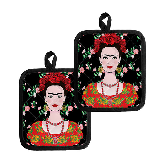 Frida Kahlo And Pink Flower Print Pot Holders