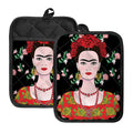 Frida Kahlo And Pink Flower Print Pot Holders With Pocket