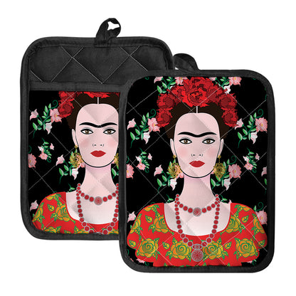 Frida Kahlo And Pink Flower Print Pot Holders With Pocket