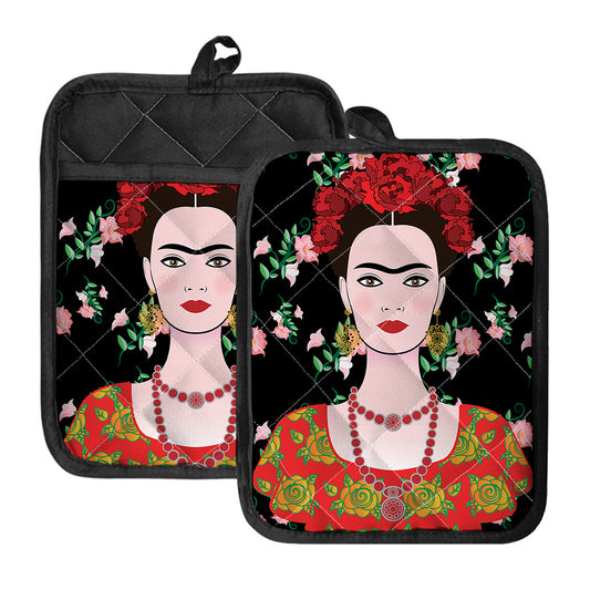 Frida Kahlo And Pink Flower Print Pot Holders With Pocket