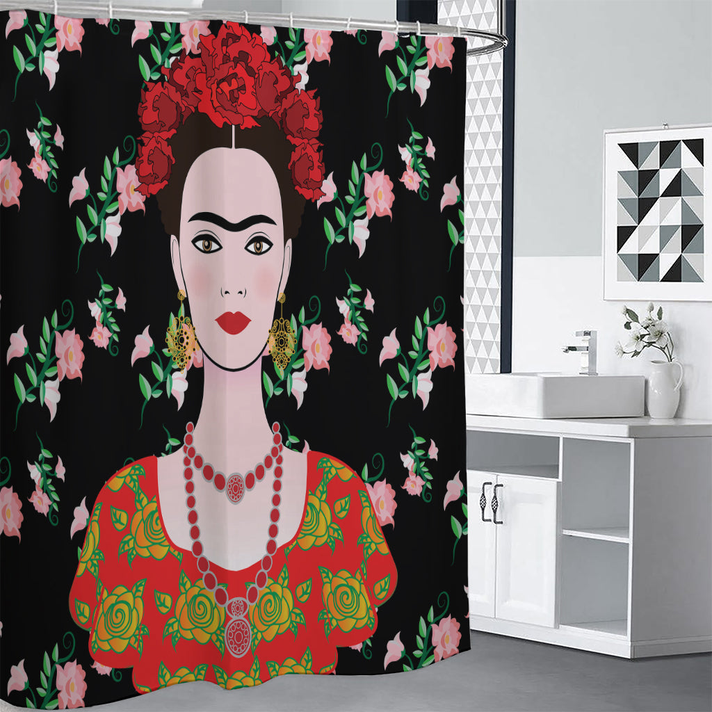 Frida Kahlo And Pink Flower Print Premium Shower Curtain