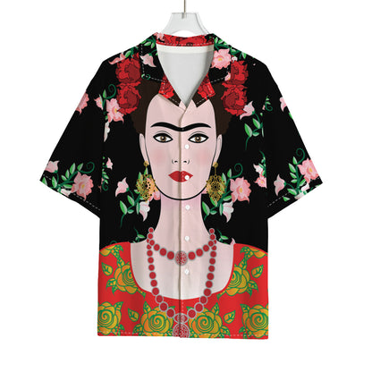 Frida Kahlo And Pink Flower Print Rayon Hawaiian Shirt